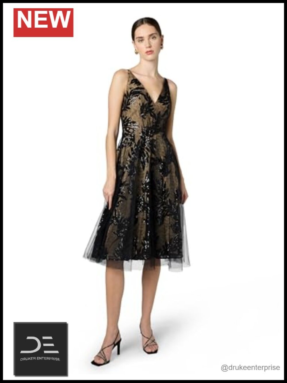Sequin Overlay Fit & Flare Midi Dress Sleeveless V-Neck Party